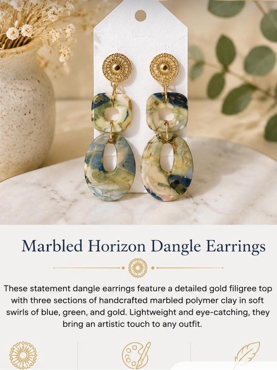 Handmade Jewelry - Marbled Horizon Dangle Earrings — Blue & Green